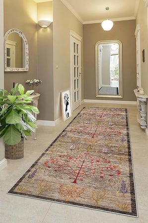 Dijital Baskı Yıkanabilir Kaymaz Taban Etnik Kilim Desen Salon Halısı ve Yolluk, Kahverengi 80 x 250, 95541154802507