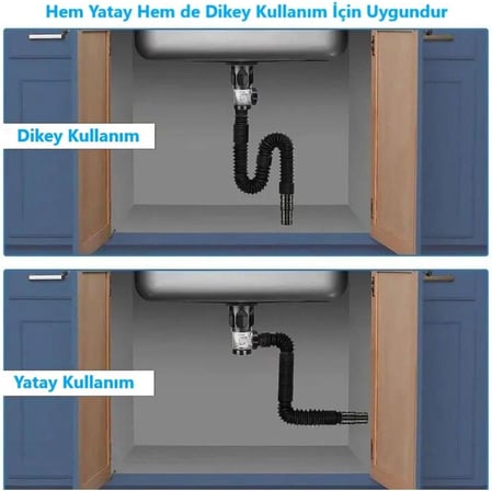Önleyici Yeni Nesil Körüklü Lavabo Sifonu Altı Hortumu Çift Yönlü Gider Borusu Evye Alt Takımı