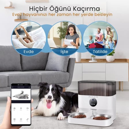 Pro Plus 5L Wi-Fi Kameralı Çift Kase Akıllı Otomatik Kedi Köpek Mama Kabı Besleme Ünitesi (Sesli Komut+Çelik Kase+APP Kontrol)