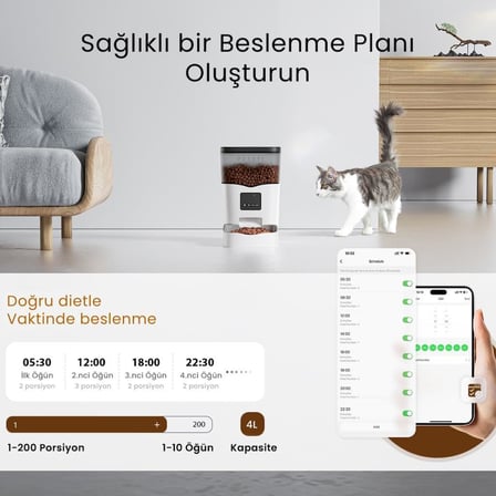 X 4L Wi-Fi Akıllı Otomatik Kedi Köpek Mama Kabı Besleme Ünitesi (Sesli Komut+Çelik Kase+APP Kontrol)