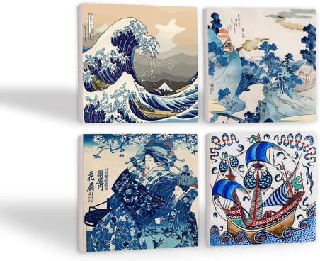 Sanatı, Fuji Dağı, Büyük Dalga, Çini Sanatı Yelkenli Gemi Taş Bardak Altlığı Seti - 4 Parça - Dekoratif, Rustik, 10x10 cm, Kaydırmaz Tabanlı, Şık ve Dayanıklı SC445