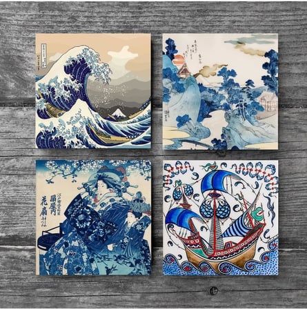 Sanatı, Fuji Dağı, Büyük Dalga, Çini Sanatı Yelkenli Gemi Taş Bardak Altlığı Seti - 4 Parça - Dekoratif, Rustik, 10x10 cm, Kaydırmaz Tabanlı, Şık ve Dayanıklı SC445