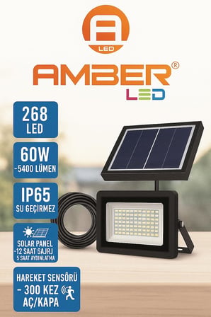 LED 268 LED'li Solar Projektör – 60W, 5400 Lümen, 10 Metre Kablolu, IP65 Su Geçirmez, 6500K Beyaz Işık, Hareket Sensörlü Güneş Enerjili Dış Mekan Aydınlatma
