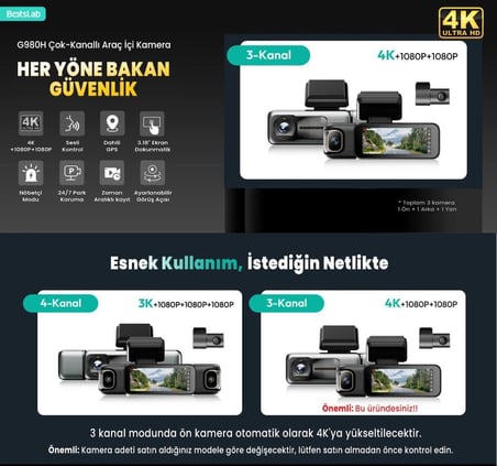 Ses Kontrolü,3 Kanallı 3,18 inç Dokunmatik Ekran, 2160P + 1080P + 1080P Ön ve Arka İç Döngü Kaydı, 5,8 GHz WiFi, GPS, Gece Görüşü, WDR, Park Modu ile 4K Araç Kamerası 128 Gb Hafıza Kartlı