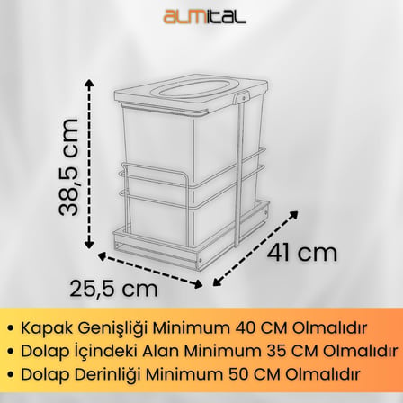 24, Dolap içi Teleskopik Raylı ANTRASİT Çöp Kovası 24 Litre, minimum kapak genişliği 40 cm.