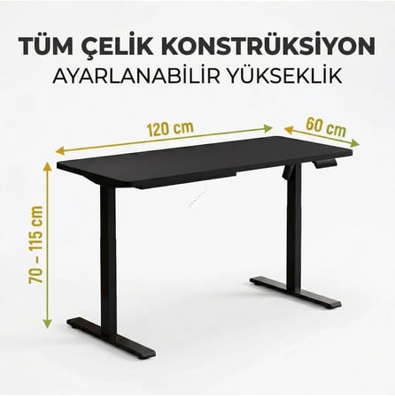 - Yüksekliği Ayarlanabilir Ergonomik Bilgisayar & Çalışma Masası - Tek Motorlu (2 Hafızalı) (Siyah, 120 * 60)