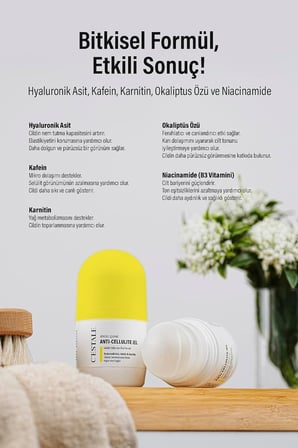 Selülit Karşıtı Roll-On Masaj Jeli – Kafein, Karnitin, Hyaluronik Asit ve Bitkisel Özler – Sıkılaştırıcı & Pürüz Görünümü Azaltıcı Etki – 50 ml