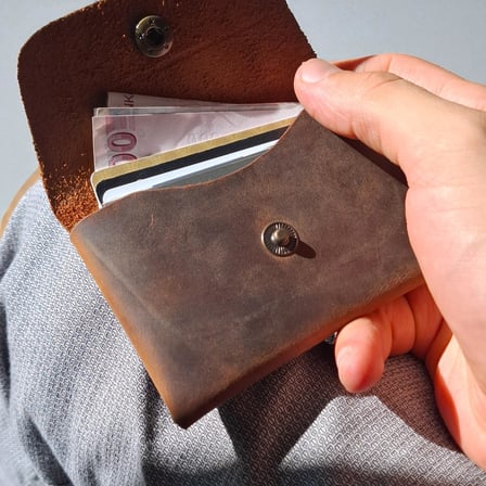 Deri Kartlık El Yapımı Dikişsiz Küçük Cüzdan/Çıtçıtlı Yatay Kartvizitlik/Erkek Kadın Kartlık (Taba)