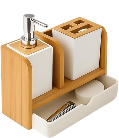 Banyo Seti – Ahşap Sabunluk, Diş Fırçalık, Sıvı Sabunluk ve Çok Amaçlı Düzenleyici
