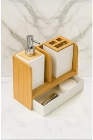 Banyo Seti – Ahşap Sabunluk, Diş Fırçalık, Sıvı Sabunluk ve Çok Amaçlı Düzenleyici