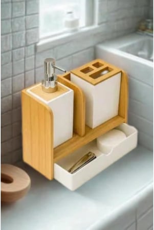 Banyo Seti – Ahşap Sabunluk, Diş Fırçalık, Sıvı Sabunluk ve Çok Amaçlı Düzenleyici