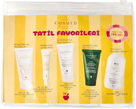 Tatil Favorileri Seti 5 Parça – Temizleme Jeli, Nemlendirici Krem, Şampuan, Saç Kremi ve Deodorant