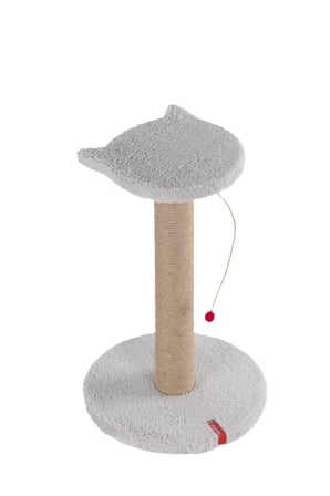 Stepli Kedi Yüzlü Platform Tırmalama Tahtası, Gri Peluş Kaplı, Sisal İpli, Oyuncaklı (Gri)