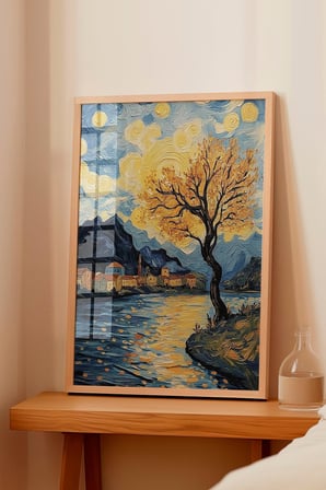 Ahşap Çerçeveli Tablo, Van Gogh Yıldızlı Gece Köprü Yorumu, Salon Dekoru Poster No: 108452 21 x 30
