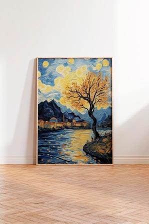 Ahşap Çerçeveli Tablo, Van Gogh Yıldızlı Gece Köprü Yorumu, Salon Dekoru Poster No: 108452 21 x 30