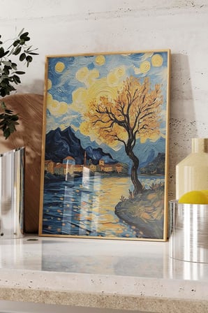 Ahşap Çerçeveli Tablo, Van Gogh Yıldızlı Gece Köprü Yorumu, Salon Dekoru Poster No: 108452 21 x 30