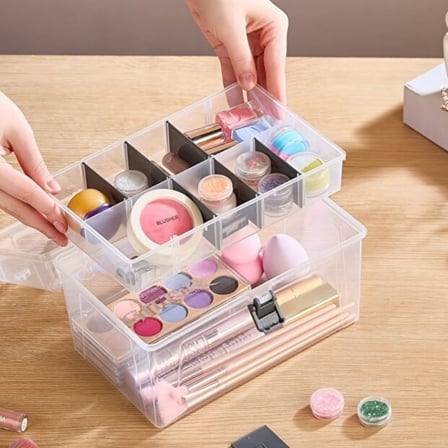 Plastik Bölmeli Çok Amaçlı Taşınabilir Şeffaf Organizer Kutusu Makyaj Hobi Saklama Kutusu Ofis Masa İçin Araç-Gereç Kabı (Şeffaf, Orta)