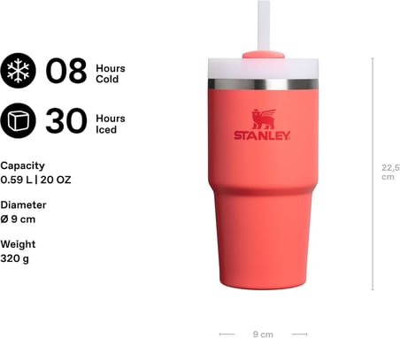 Quencher H2.0 FlowState Tumbler 20oz Pipetli Termos Bardak 0.60 Litre - Mercan (Hot Coral) | Paslanmaz Çelik