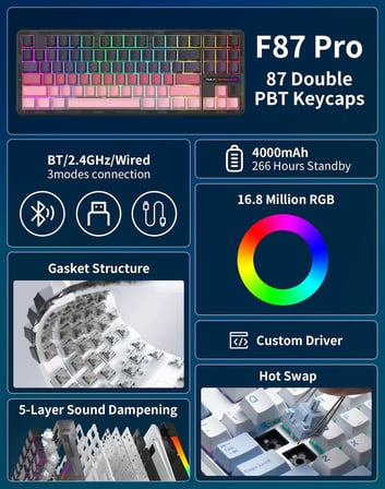 F87 Pro Wireless Mechanical Keyboard, 75% TKL Tri-Mode 8000mAh Battery