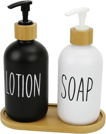 Cam Sıvı Sabunluk ve Losyonluk Seti | 500 ml Siyah & Beyaz Boyalı Cam | Bambu Kapak ve Ahşap Altlıklı Banyo Seti | Şık ve Dayanıklı Tasarım