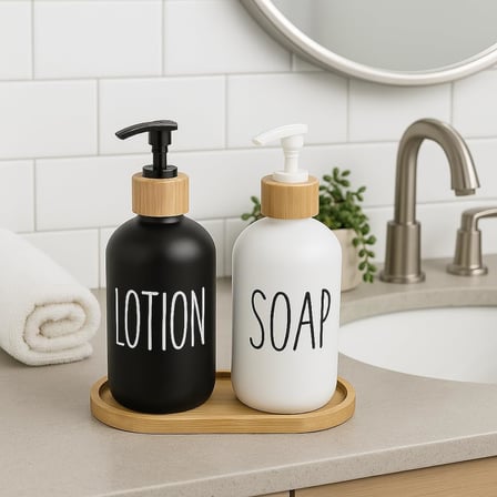Cam Sıvı Sabunluk ve Losyonluk Seti | 500 ml Siyah & Beyaz Boyalı Cam | Bambu Kapak ve Ahşap Altlıklı Banyo Seti | Şık ve Dayanıklı Tasarım