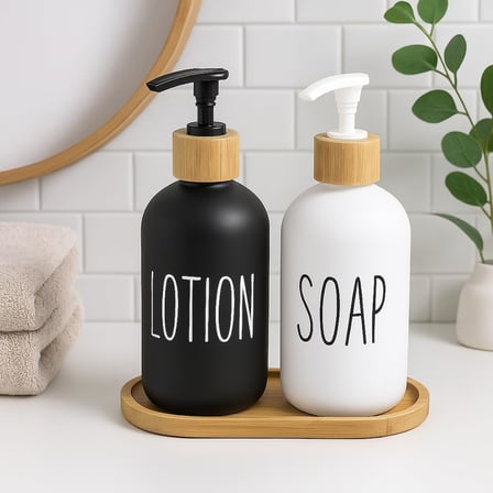 Cam Sıvı Sabunluk ve Losyonluk Seti | 500 ml Siyah & Beyaz Boyalı Cam | Bambu Kapak ve Ahşap Altlıklı Banyo Seti | Şık ve Dayanıklı Tasarım