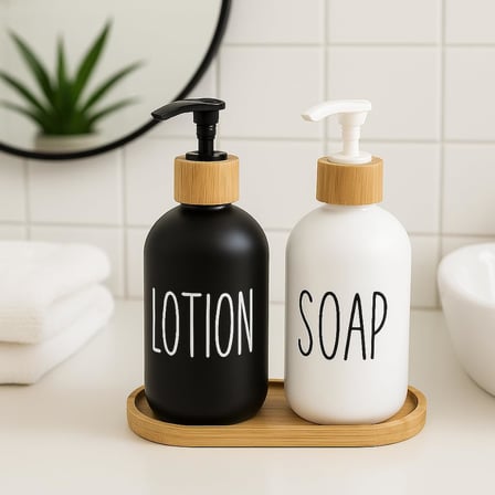 Cam Sıvı Sabunluk ve Losyonluk Seti | 500 ml Siyah & Beyaz Boyalı Cam | Bambu Kapak ve Ahşap Altlıklı Banyo Seti | Şık ve Dayanıklı Tasarım