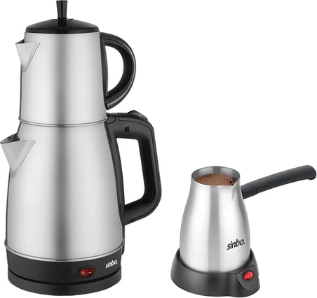 STM-5845 ve SCM-2967 Çelik Set – 360° Dönebilen Kablosuz Çay Makinesi ve Türk Kahvesi Cezvesi, Dayanıklı Paslanmaz Çelik