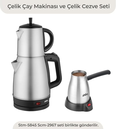 STM-5845 ve SCM-2967 Çelik Set – 360° Dönebilen Kablosuz Çay Makinesi ve Türk Kahvesi Cezvesi, Dayanıklı Paslanmaz Çelik