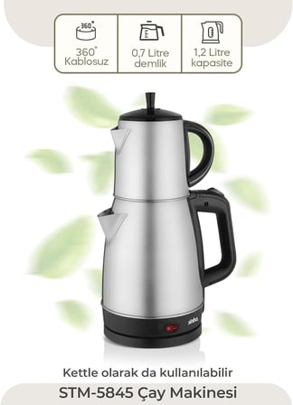 STM-5845 ve SCM-2967 Çelik Set – 360° Dönebilen Kablosuz Çay Makinesi ve Türk Kahvesi Cezvesi, Dayanıklı Paslanmaz Çelik