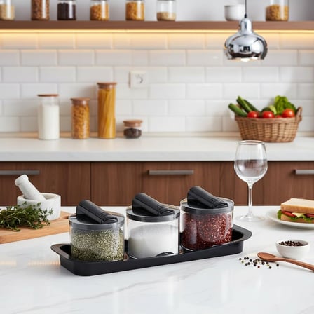 Favori 3'lü Lüks Baharatlık Seti - Kaşıklı ve Özel Standlı Tezgah Üstü Tuzluk, Karabiberlik ve Baharat Seti | Şeffaf ve Şık Tasarım (26cm x 9cm x 8 cm)