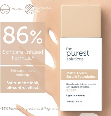 Purest Solutions Sebum Dengeleyici & Matlaştırıcı Serum Fondöten SPF 50, 30 Mililitre – Açık/Orta Ton