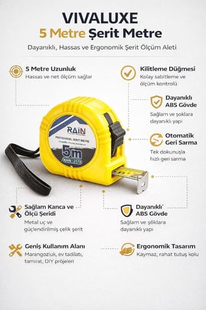 Metre Şerit Metre, Otomatik Geri Sarma, Kilitleme Düğmeli, Dayanıklı ABS Gövde, Metal Ölçü Bandı, Ergonomik Tutma Kolu