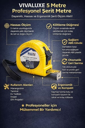 Metre Şerit Metre, Otomatik Geri Sarma, Kilitleme Düğmeli, Dayanıklı ABS Gövde, Metal Ölçü Bandı, Ergonomik Tutma Kolu