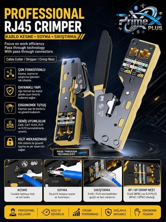 PX-8070Y Yeni Nesil EZ RJ45 Pense, Cat6 Cat7 RJ45/RJ11 Network Kablo Sıkma Pensesi, Bıçaklı Profesyonel Ethernet Pense, Modüler Jack Crimp Aracı