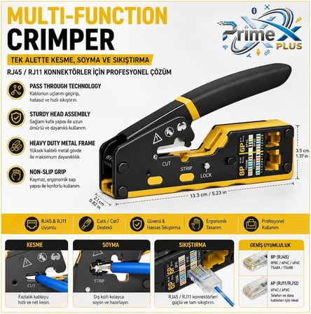 PX-8070Y Yeni Nesil EZ RJ45 Pense, Cat6 Cat7 RJ45/RJ11 Network Kablo Sıkma Pensesi, Bıçaklı Profesyonel Ethernet Pense, Modüler Jack Crimp Aracı