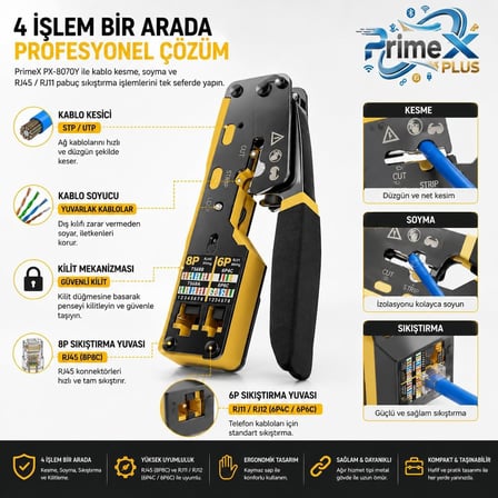 PX-8070Y Yeni Nesil EZ RJ45 Pense, Cat6 Cat7 RJ45/RJ11 Network Kablo Sıkma Pensesi, Bıçaklı Profesyonel Ethernet Pense, Modüler Jack Crimp Aracı