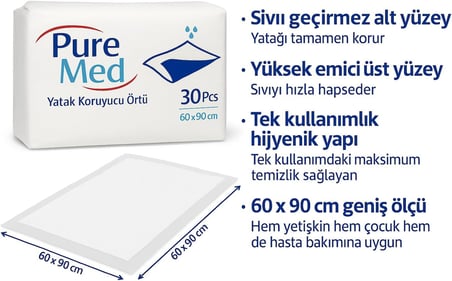 Koruyucu Örtü 60x90 cm – 30'lu | Tek Kullanımlık Sıvı Geçirmez Hasta Altı Örtüsü | Yüksek Emici Ped | Bebek, Yetişkin, Yaşlı ve Evcil Hayvan Bakımına Uygun