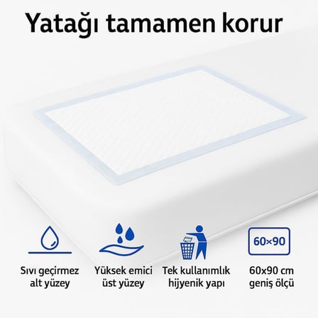 Koruyucu Örtü 60x90 cm – 30'lu | Tek Kullanımlık Sıvı Geçirmez Hasta Altı Örtüsü | Yüksek Emici Ped | Bebek, Yetişkin, Yaşlı ve Evcil Hayvan Bakımına Uygun