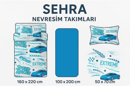 Pamuklu Tek Kişilik Nevresim Takımı Yorgan Kılıfı Çocuk Desen Beyaz Mavi araba desen + Lastikli Çarşaf +1 Adet Yastık kılıflı