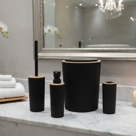 Antrasit 4'lü Banyo Seti – Çöp Kovası, Tuvalet Fırçası, Sıvı Sabunluk ve Diş Fırçalık| Modern ve Dayanıklı Tasarım