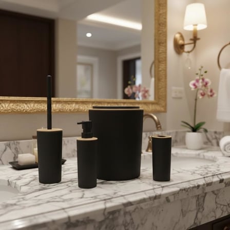 Antrasit 4'lü Banyo Seti – Çöp Kovası, Tuvalet Fırçası, Sıvı Sabunluk ve Diş Fırçalık| Modern ve Dayanıklı Tasarım