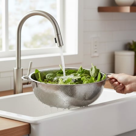 Paslanmaz Çelik Küçük Mutfak Süzgeci, Çift Kulplu Metal Pirinç Yıkama Kabı, Isıya Dayanıklı Delikli Meyve ve Sebze Süzme Kasesi (25 cm)