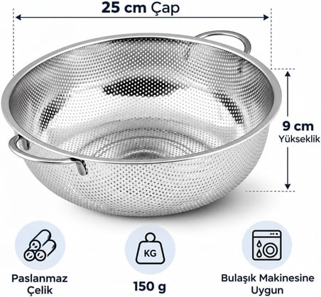 Paslanmaz Çelik Küçük Mutfak Süzgeci, Çift Kulplu Metal Pirinç Yıkama Kabı, Isıya Dayanıklı Delikli Meyve ve Sebze Süzme Kasesi (25 cm)
