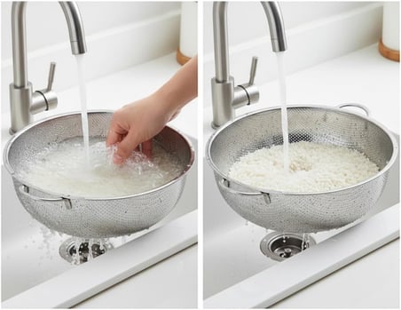 Paslanmaz Çelik Küçük Mutfak Süzgeci, Çift Kulplu Metal Pirinç Yıkama Kabı, Isıya Dayanıklı Delikli Meyve ve Sebze Süzme Kasesi (22 cm)