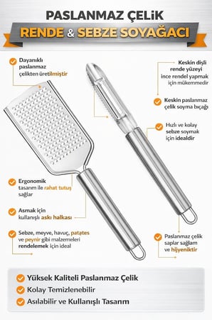 Çelik Mutfak Rende ve Sebze Soyacağı Seti, Ergonomik Saplı, Çok Amaçlı Dayanıklı Rende, Soyacak, Meyve, Sebze ve Peynir İçin Uygun Mutfak Aleti Seti