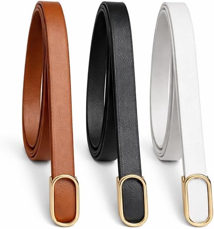 3'lü İnce Deri Kemer Seti Siyah Taba Beyaz - Gold Parmak Tokalı - Elbise, Kot ve Pantalon İçin Şık Aksesuar 1.5 cm