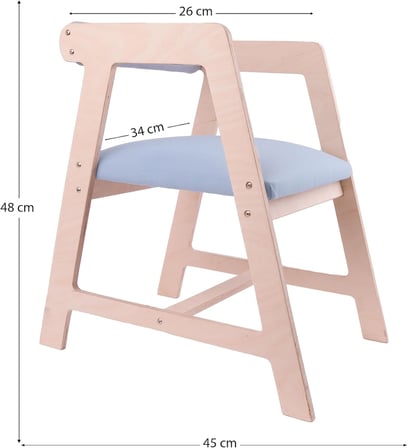 Ahşap Aktivite Sandalyesi – Minderli, Ergonomik, Masif Gövde, Oval Kenar, 48×45×26 cm (Mavi minder)