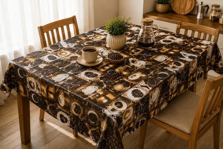 Masa Örtüsü, Çiçek ve Kahve Temalı Modeller, Mutfak Ve Yemek Masası İçin, Farklı Desen Seçenekleri 140 * 140 CM (Café Concept)