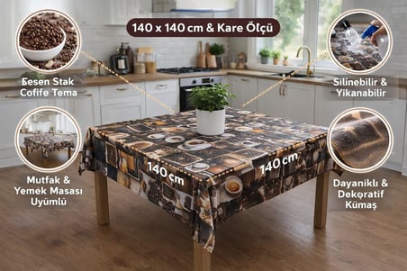 Masa Örtüsü, Çiçek ve Kahve Temalı Modeller, Mutfak Ve Yemek Masası İçin, Farklı Desen Seçenekleri 140 * 140 CM (Café Concept)